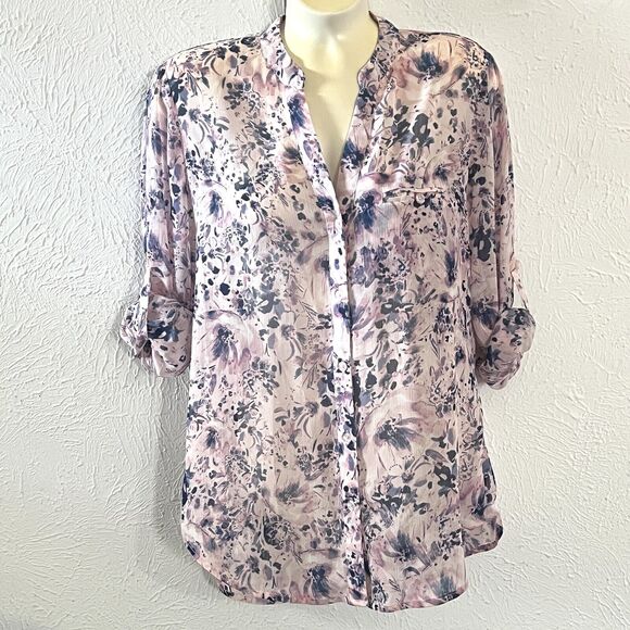 Kut from the Kloth Tops - Kut from the Kloth Jasmine Pink Blue Floral Semi-Sheer Button Roll-Tab Blouse XS